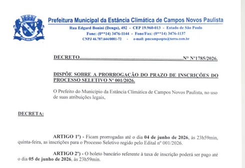 Prorrogação de Prazo Processo Seletivo n° 001/2026