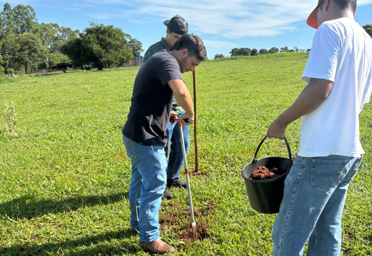 Estagiários vivenciam na prática a coleta de amostras de solo 