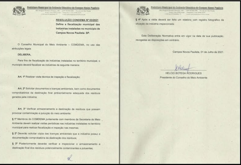 Deliberação 03 do COMDEMA – Fiscalização Municipal das Indústrias